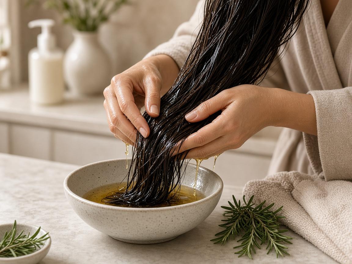 Hands running hair oil through long dark hair over a ceramic bowl, with rosemary sprigs alongside