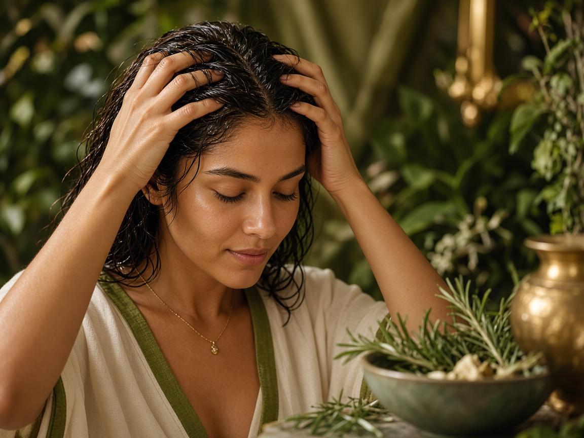 A woman massaging oil into her scalp with both hands, a bowl of rosemary beside her