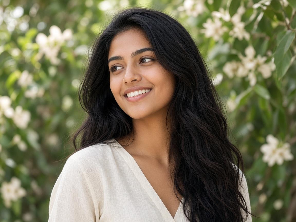 A smiling woman with long, healthy dark hair standing in front of flowering greenery