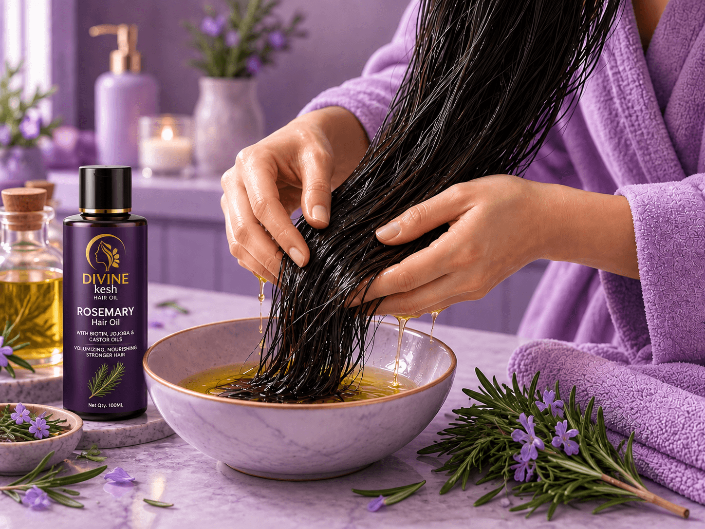 A woman running Divine Kesh Rosemary Hair Oil through freshly oiled lengths of hair, the bottle beside her