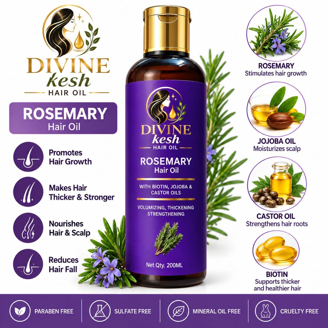 Divine Kesh Rosemary Hair Oil, 200ml. Promotes hair growth, makes hair thicker and stronger, nourishes hair and scalp, reduces hair fall. Rosemary stimulates hair growth, jojoba oil moisturizes scalp, castor oil strengthens hair roots, biotin supports thicker and healthier hair. Paraben free, sulfate free, mineral oil free, cruelty free.