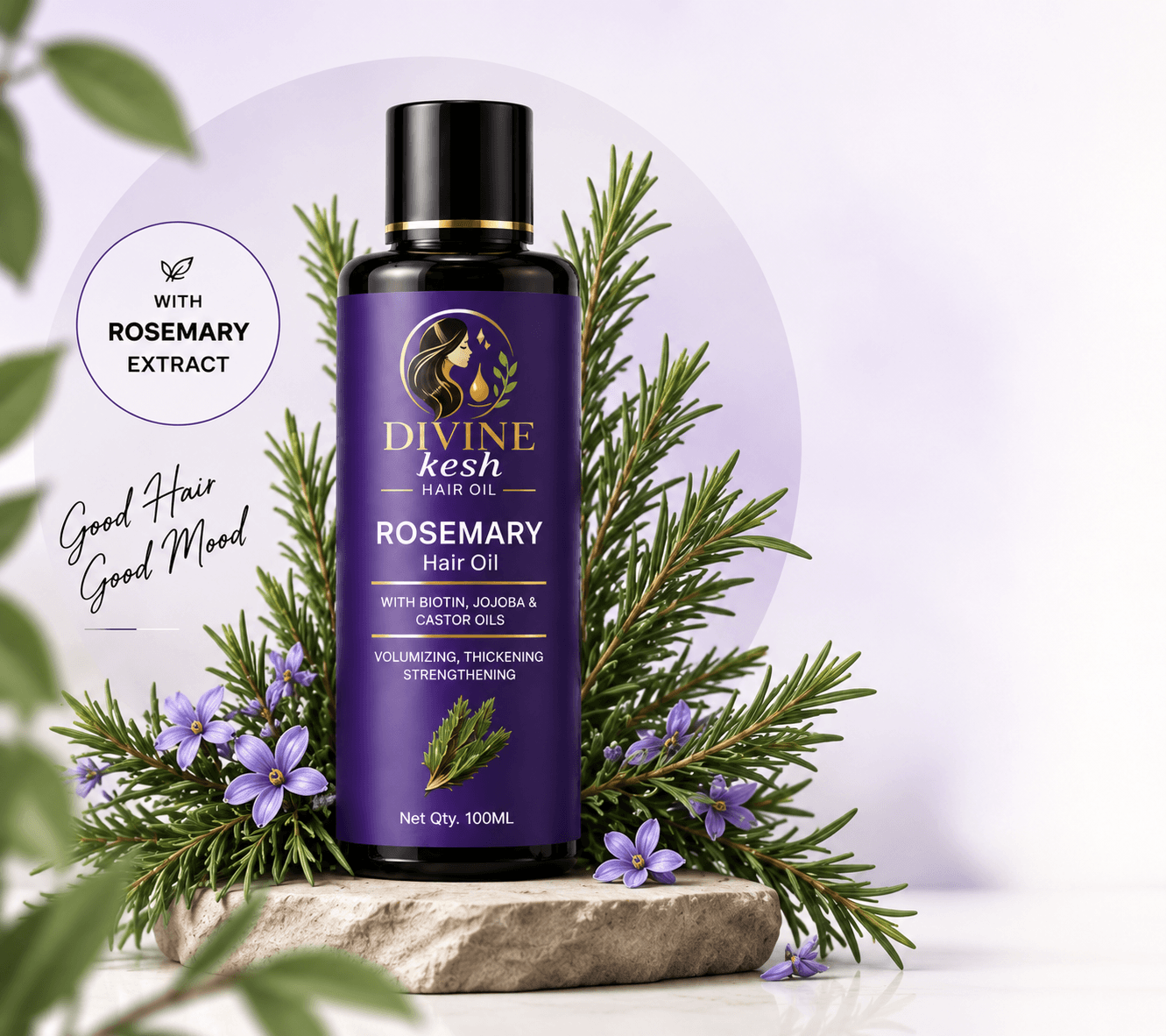 Divine Kesh Rosemary Hair Oil bottle staged with fresh rosemary sprigs and flowers — with biotin, jojoba and castor oils