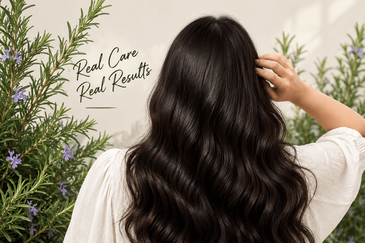 Divine Kesh — real care, real results. A woman with long, glossy dark hair among flowering rosemary