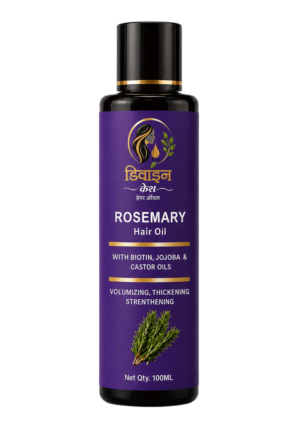 Divine Kesh Rosemary Hair Oil 100ML bottle, deep purple label with gold detailing